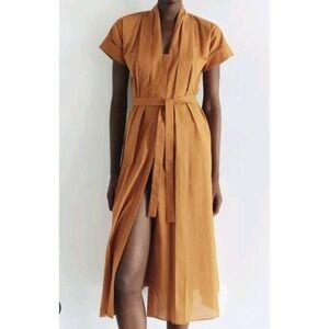Zara ZW Collection Pleat Detail Belted Shirt Dress 100% Cotton Orange Sz XS NWT